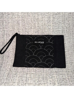 Shu Uemura Art of Hair Black Cosmetic Makeup Bag Wristlet Japanese Wave Design